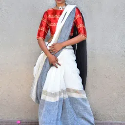Chidiyaa White Stardust Neoma Handwoven Linen Saree-picture-36