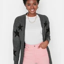 Trendyol Women Charcoal Conversational Print Longline Cardigan-picture-31