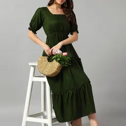 Raiyani Fashion Squared Neck Puff Sleeve A-Line Midi Dress-picture-32