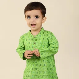 Fabindia Kids Green Printed Full Sleeves Kurta-image-34
