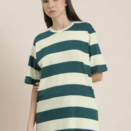 Difference of Opinion Off White & Green Cotton Striped Oversized T-Shirt-image-9