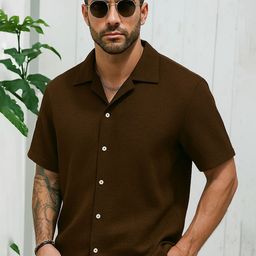 Metronaut Self Design Spread Collar Short Sleeves Classic Shirt-image-7