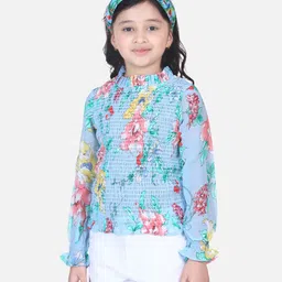 Lilpicks Couture Full Sleeves Floral Print Smocking Detailing Top - Blue-picture-26