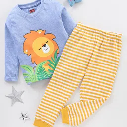 Babyhug Cotton Full Sleeves Night Suit Lion & Stripes Print- Blue & Yellow-picture-11