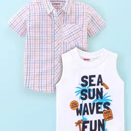 Babyhug 100% Cotton Half Sleeves Checked Shirt with Text Print T-Shirt - White-picture-23