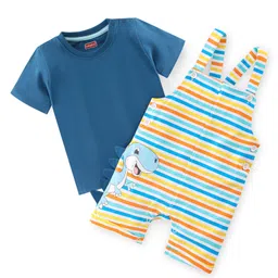Babyhug 100% Cotton Knit Dungarees With Half Sleeves T-Shirt Striped & Dino Print - White & Navy Blue-picture-27