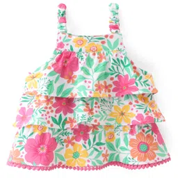 Babyhug 100% Cotton Knit Sleeveless Top with Frills Lace Detailing & Floral Print- Top-picture-22