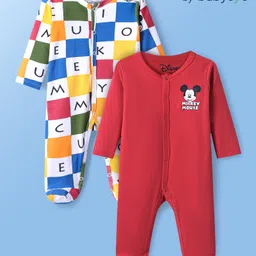 Babyoye Disney Interlock Knit Full Sleeves Footed Sleep Suits With Mickey Mouse Graphics Pack of 2 - Red & White-picture-17