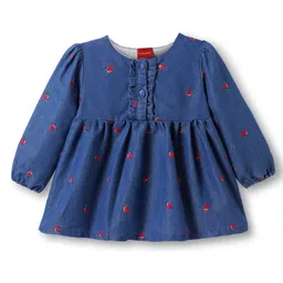 Babyhug Cotton Knit Full Sleeves Frock with Apple Embroidery - Blue-picture-34