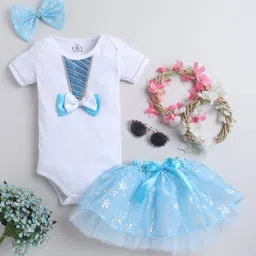 TINY MINY MEE Elastane Half Sleeves Bow Applique Detailed Onesie With Net Tutu Skirt & Headband Set - Blue-image-3