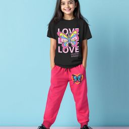 Trampoline Cotton Blend Half Sleeves Butterfly Printed Tee & Coordinating Track Pants Set - Black & Pink-picture-5
