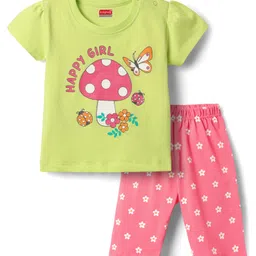 Babyhug Cotton Knit Half Sleeves Capri Night Suit With Floral Print - Green & Pink-picture-22