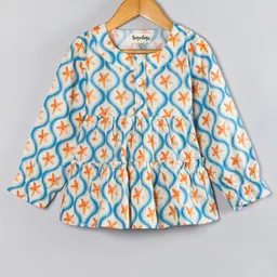 Hugsntugs Cotton Woven Full Sleeves Shell Fish Printed Top - White & Blue-picture-27