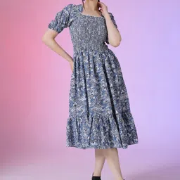Raiyani Fashion Floral Print Puff Sleeve Fit & Flare Midi Dress-image-11