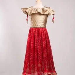 Twisha Short Sleeves Floral Motif Woven Choli With Crush Effect Lehenga - Gold & Red image 3