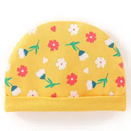 Babyhug 100% Cotton Cap Mittens & Booties With Floral Print - Yellow image 2