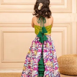 Jilmil Cotton Lurex Woven Sleeveless Foil Striped & Floral Printed Lehenga Choli Set - Green image 3