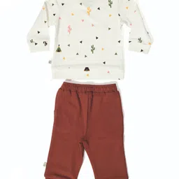 furr balls Organic Cotton Woven Full Sleeves Triangles & Cactus Printed Tee & Joggers Set - Off White image 3