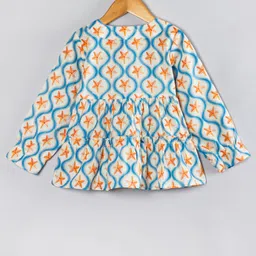 Hugsntugs Cotton Woven Full Sleeves Shell Fish Printed Top - White & Blue image 3
