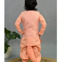 BT DEZINES Cotton Silk Woven Full Sleeves Geometric Motifs Embroidered Kurta Dhoti Set With Jacket - Peach image 3