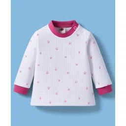 Zero Interlock Knit Full Sleeves T-Shirt & Joggers Set with Floral Print - White & Dark Pink image 2