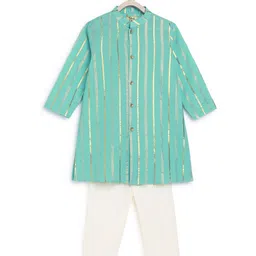 Tiber Taber Boy Pure Cotton Full Sleeves Kurta Set - Green image 5