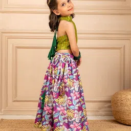 Jilmil Cotton Lurex Woven Sleeveless Foil Striped & Floral Printed Lehenga Choli Set - Green image 5