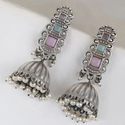 Teejh Ethnic Vaanya Pink and Green Silver Oxidized Jhumki Earring-picture-26