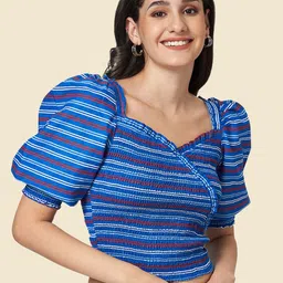 People Sweetheart Neck Striped Smocked Cotton Crop Top-image-1