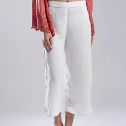 W Women White Regular Fit Solid Cropped Parallel Trousers image 1
