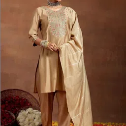 HERE&NOW Women Ethnic Motifs Embroidered Regular Thread Work Chanderi Silk Kurta with Trousers & With Dupatta-picture-18