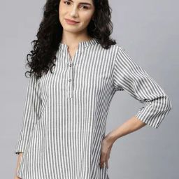 Cottinfab White & Grey Cotton Striped Top-picture-18