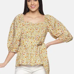 ISU Multicoloured Floral Print Chiffon Cinched Waist Top-picture-16