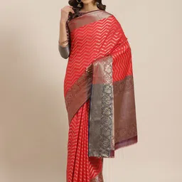 KIMISHA Striped Zari Silk Blend Banarasi Saree-image-63