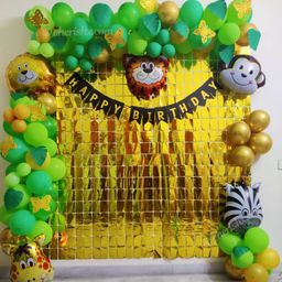 Bubble Trouble Jungle Theme Kids Birthday Decoration Items Bunting Animal Face Foil Balloons Artificial Leaf Arch Tape Balloon Pump Forest Theme Birthday Party - Pack of 93-picture-30
