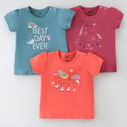 Zero Sinker Cotton Knit Half Sleeves Tops with Unicorn & Text Print Pack of 3 - Strawberry Turquoise & Coral-picture-32