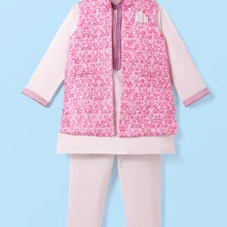 Robo Fry JacquardWoven Full Sleeves Solid Colour Kurta Pyjama Set with Printed Nehru Jacket - Pink-picture-14