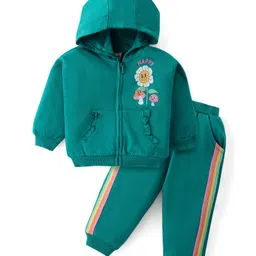 Babyhug Cotton Knit Full Sleeves Hooded Front Zipper T-Shirt & Lounge Pants Set With Floral Print - Teal Blue-picture-14