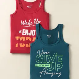 Bodycare Cotton Knit Sleeveless Vests with Never Give Up Text Print Pack of 2 - Teal Blue & Red-picture-20