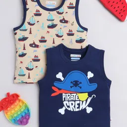 BUMZEE Cotton Knit Sleeveless Vests With Boat Print Pack Of 2 - Navy Blue & Cream-picture-20