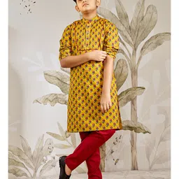 Vastramay Cotton Woven Full Sleeves Floral Printed & Gota Lace Embellished Kurta Pyjama Set - Mustard-picture-21