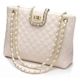 SYGA Women Elegant Quilted Chain Shoulder Bag Medium Soft Bucket Tote with Multi-Pocket Storage (White)-image-36