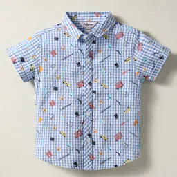 ToffyHouse Poplin Woven Half Sleeves Vehicle Printed Shirt & Shorts Set with Bow & Suspender - Light Blue & Beige image 2