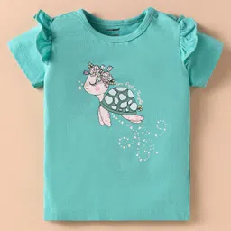 CUCUMBER Cotton Knit Half Sleeves Night Suit With Turtle Print - Aqua Blue & White image 2