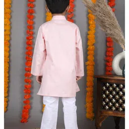 Polka Tots Cotton Woven Full Sleeves Solid Kurta & Pyjama Set - Peach image 3