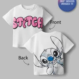 Bonfino Disney Terry Knit Oversize Drop Shoulder Half Sleeves T-Shirt with Front and Back Stitch Graphic - White image 2