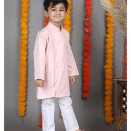 Polka Tots Cotton Woven Full Sleeves Solid Kurta & Pyjama Set - Peach image 4