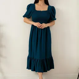 Honky Tonky Solid Smocked detail Puff Sleeves Crepe bFit and Flare Midi Dress-image-5