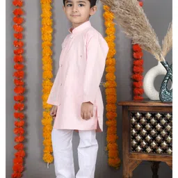 Polka Tots Cotton Woven Full Sleeves Solid Kurta & Pyjama Set - Peach image 5