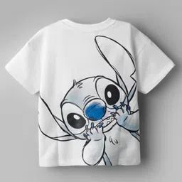 Bonfino Disney Terry Knit Oversize Drop Shoulder Half Sleeves T-Shirt with Front and Back Stitch Graphic - White image 4